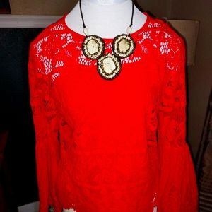 Orange Lace Overlay Bell Sleeve Blouse